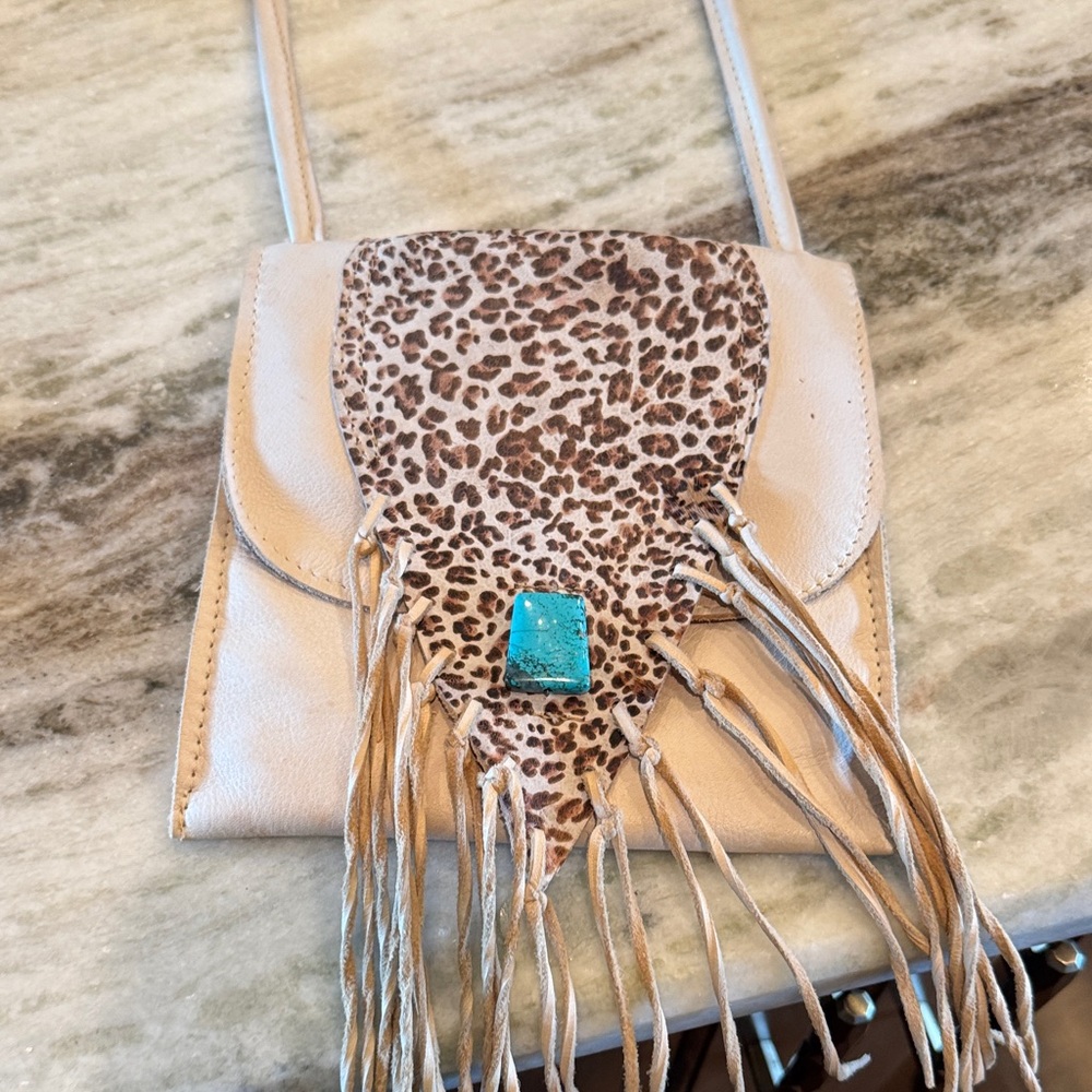 Leopard Print Fringe Crossbody Bag - Cream and Brown - Picture 3 of 6